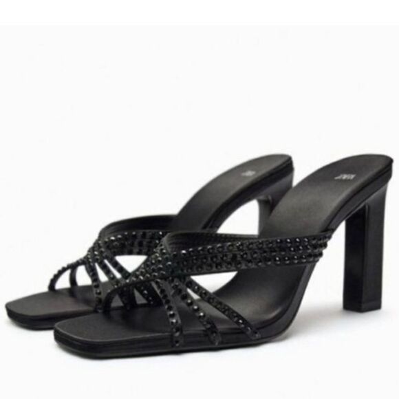 Zara Black High Heels Rhinestone Party Holiday Sandals Shoes Size 8 - Picture 1 of 9